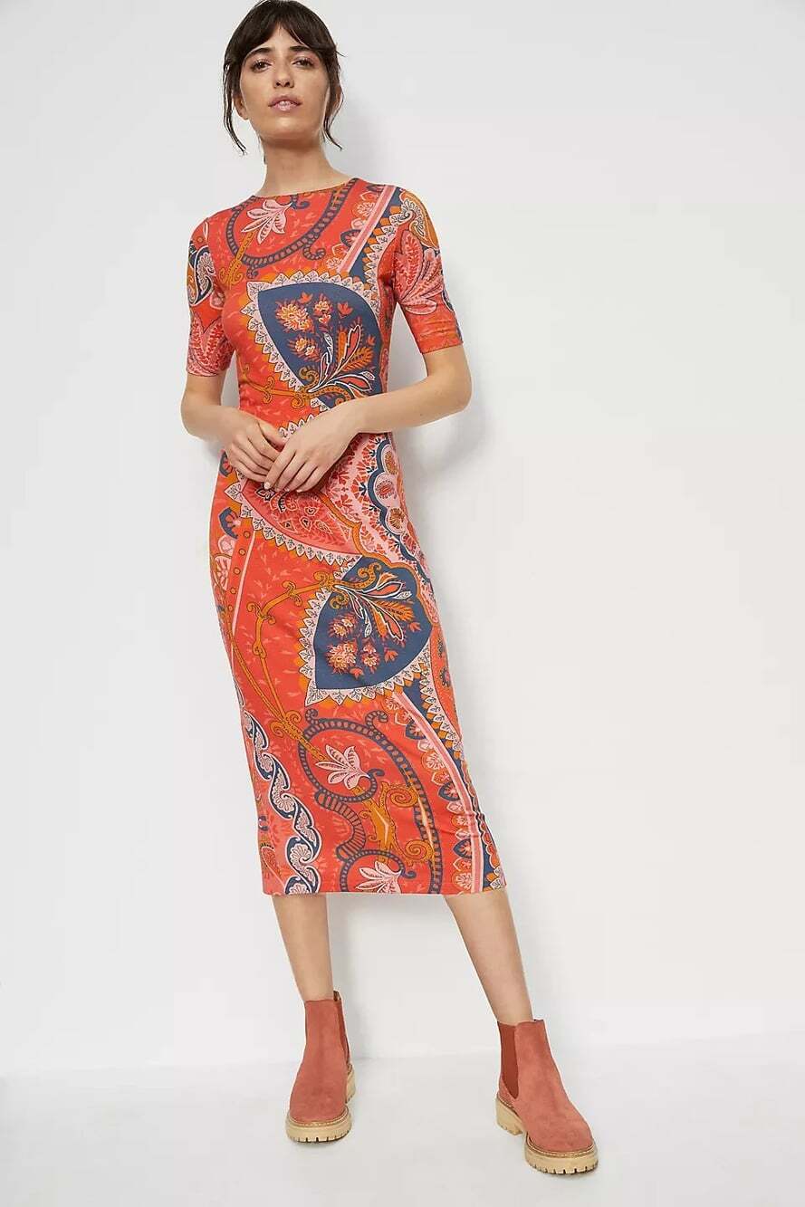 Anthropologie Farm Rio Giannina Size Small Boho Paisley Fitted Knit Midi Dress